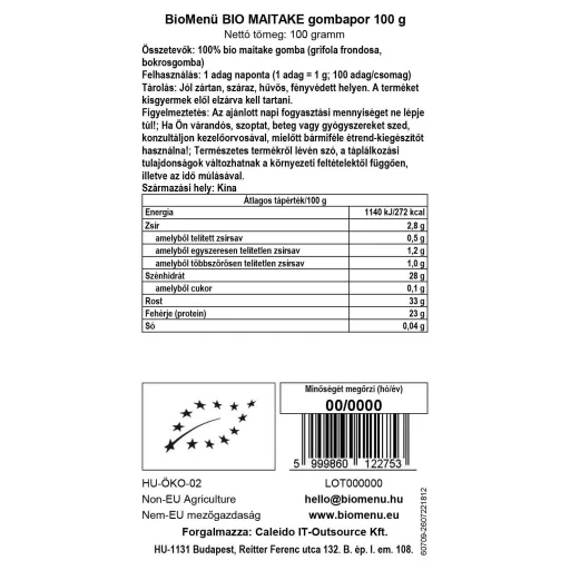 BioMenü BIO MAITAKE gombapor 100 g adatcímke