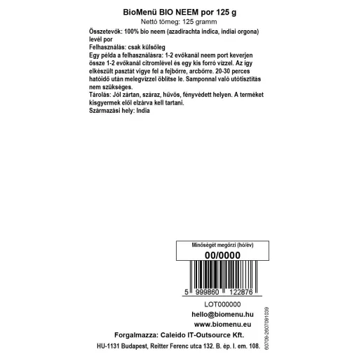 BioMenü BIO NEEM por 125 g adatcímke