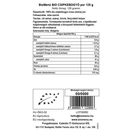 BioMenü BIO CSIPKEBOGYÓ por 125 g adatcímke