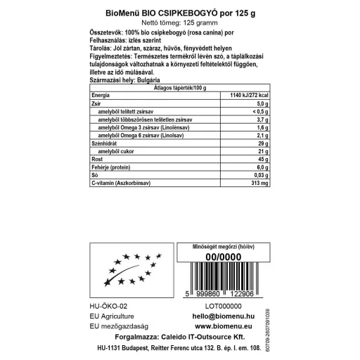 BioMenü BIO CSIPKEBOGYÓ por 125 g adatcímke