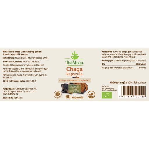 BioMenü BIO CHAGA gomba kapszula 60 db címke