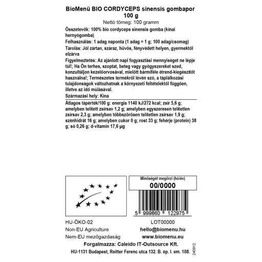 BioMenü BIO CORDYCEPS sinensis gombapor 100 g adatcímke