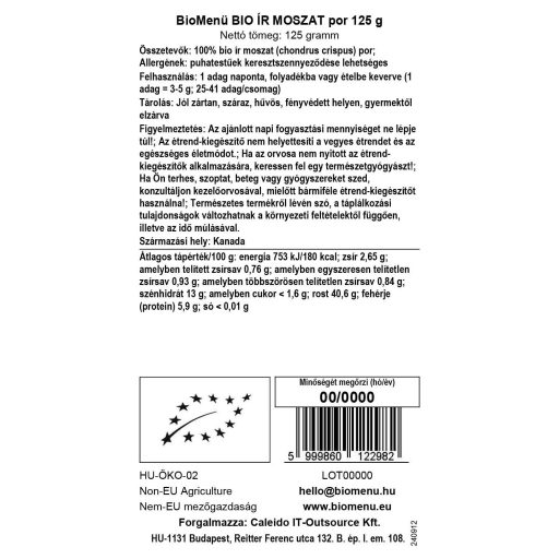 BioMenü BIO ÍR MOSZAT por 125 g adatcímke