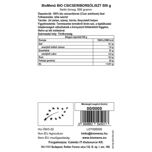 BioMenü BIO CSICSERIBORSÓLISZT 500 g adatcímke