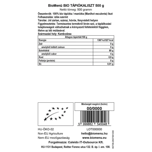 BioMenü BIO TÁPIÓKALISZT 500 g adatcímke