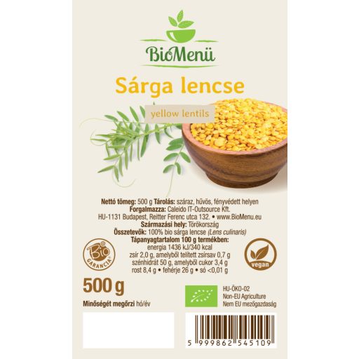 BioMenü BIO SÁRGA LENCSE 500 g címke