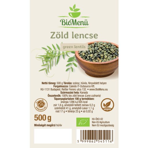 BioMenü BIO ZÖLD LENCSE 500 g címke