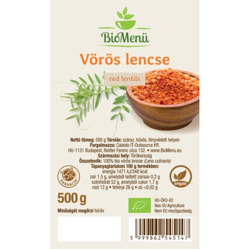 BioMenü BIO VÖRÖS LENCSE 500 g címke