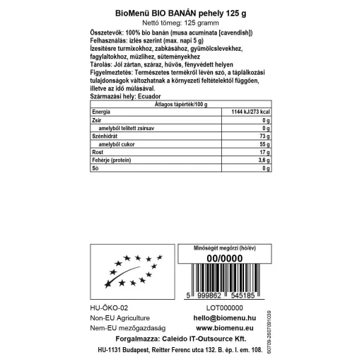 BioMenü BIO BANÁN pehely 125 g adatcímke