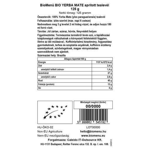 BioMenü BIO YERBA MATE aprított tealevél 125 g adatcímke