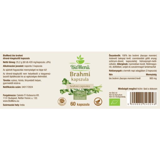 BioMenü BIO BRAHMI kapszula 60 db címke