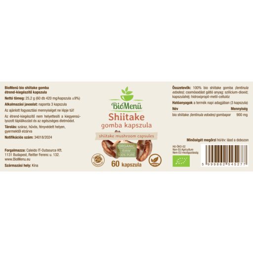 BioMenü BIO SHIITAKE gomba kapszula 60 db címke