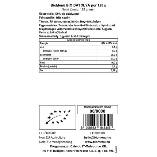 BioMenü BIO DATOLYA por 125 g adatcímke