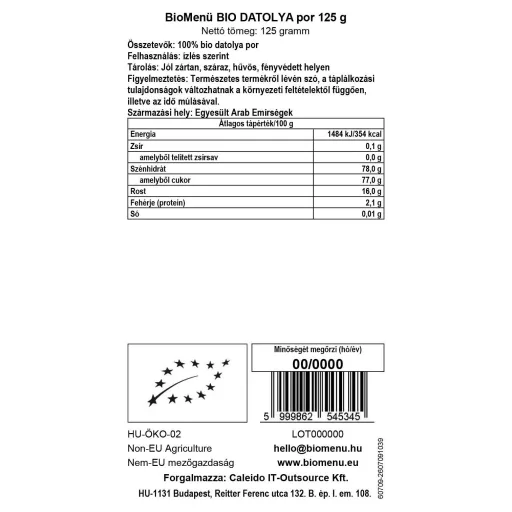 BioMenü BIO DATOLYA por 125 g adatcímke