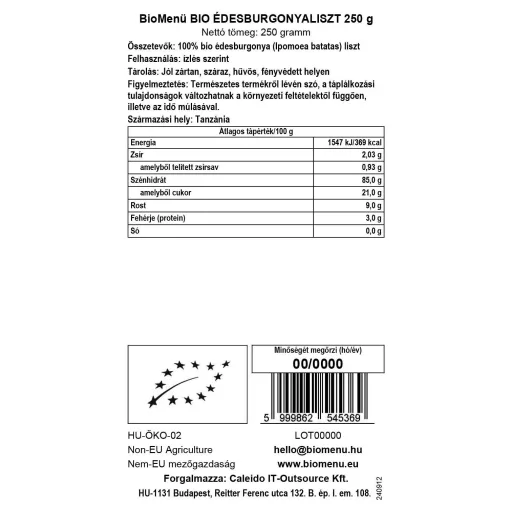 BioMenü BIO ÉDESBURGONYALISZT 250 g adatcímke