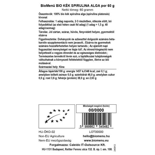BioMenü BIO KÉK SPIRULINA ALGA por 60 g adatcímke