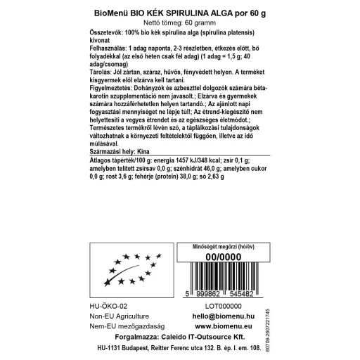 BioMenü BIO KÉK SPIRULINA ALGA por 60 g adatcímke