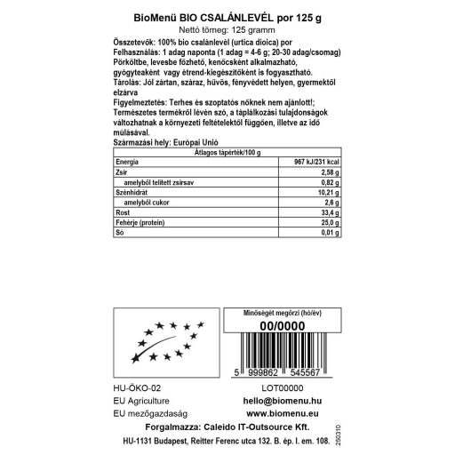 BioMenü BIO CSALÁNLEVÉL por 125 g adatcímke