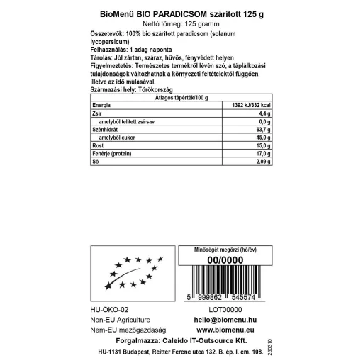 BioMenü BIO PARADICSOM szárított 125 g adatcímke