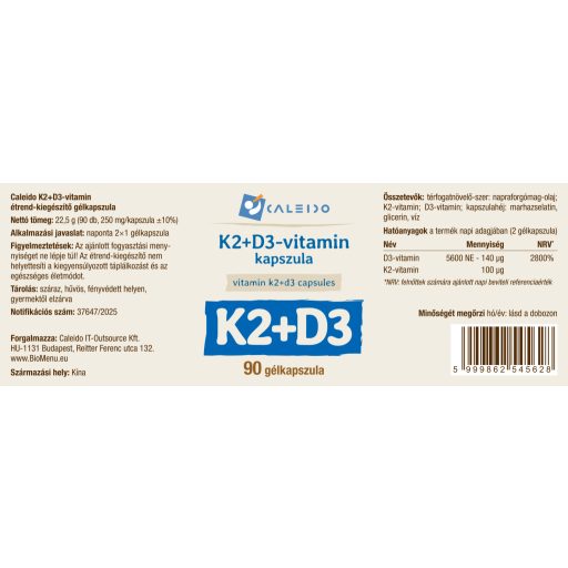 Caleido K2 + D3-VITAMIN gélkapszula 90 db címke