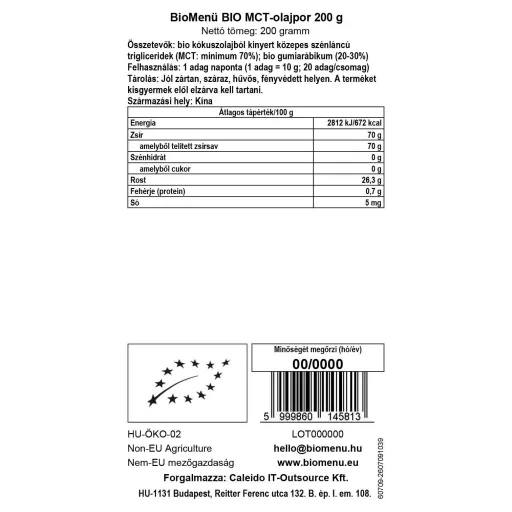 BioMenü BIO MCT-olajpor 200 g adatcímke