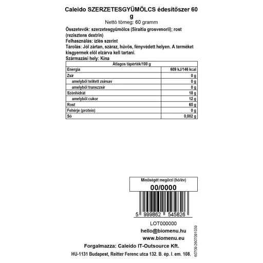 Caleido SZERZETESGYÜMÖLCS édesítőszer 60 g adatcímke