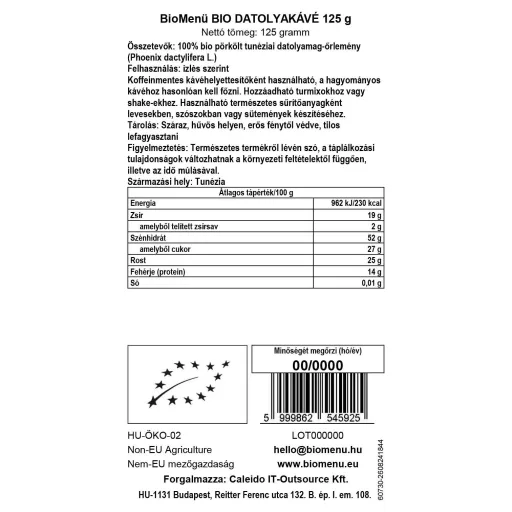 BioMenü BIO DATOLYAKÁVÉ 125 g adatcímke