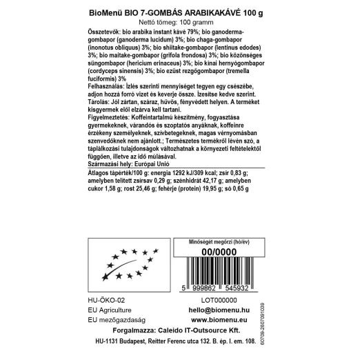 BioMenü BIO 7-GOMBÁS ARABIKAKÁVÉ 100 g adatcímke